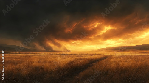 A dramatic sunset over a golden field with dark clouds, suggesting a storm approaching.