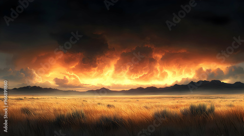 A dramatic sunset over a vast landscape with golden grass and dark clouds.