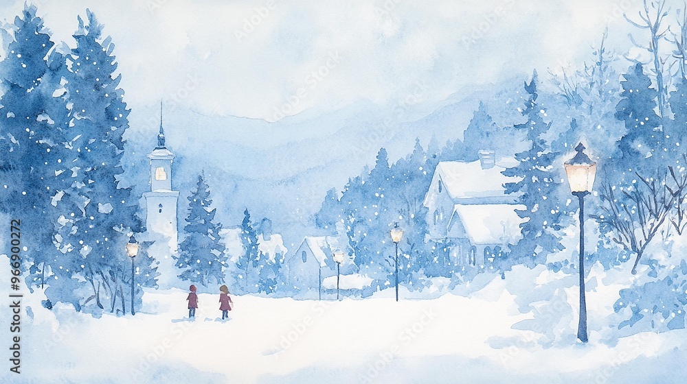 Watercolor of A serene winter landscape featuring a snowy village, tranquil mountains, and soft blue tones, evoking peaceful holiday vibes. Watercolor of A serene winter landscape featuring a snowy village, tranquil mountains, and soft blue tones, evoking peaceful holiday vibes.