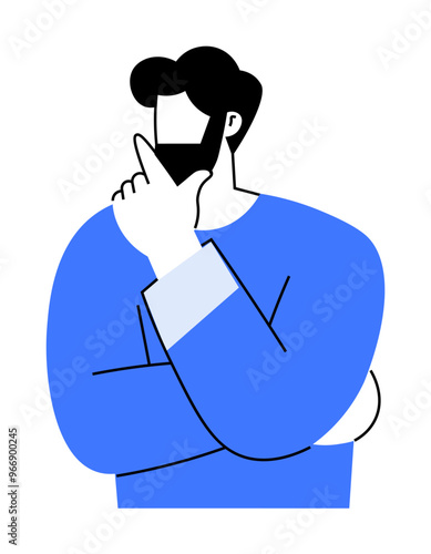A person is depicted with a hand on their chin, appearing to be in deep thought. The individual is wearing a blue sweater, and the artwork uses minimalistic design with black, white, and blue colors.