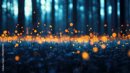 Fireflies Lighting Up a Serene Forest at Dusk Exploring the Enchanting Bioluminescence of Nature Glowing flickering lights creating a mesmerizing magical atmosphere in the peaceful woodland setting