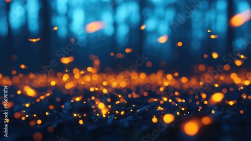 Fireflies Illuminating a Mystical Forest at Dusk Exploring Nature s Bioluminescent Wonders   Glowing insects lighting up the forest floor creating a captivating and enchanting natural display photo