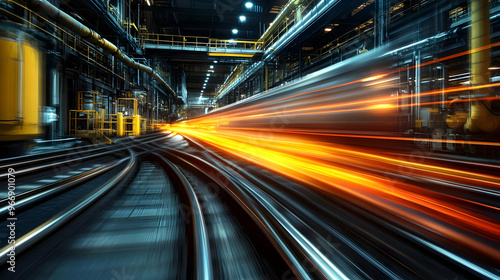 A dynamic industrial scene with blurred motion, showcasing machinery and train tracks.