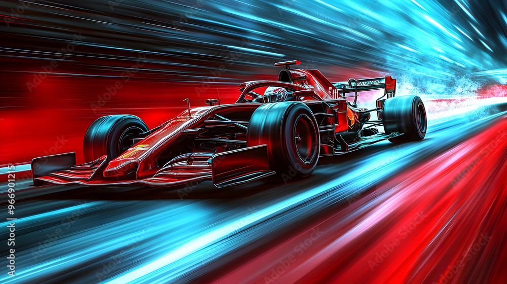 A dynamic race car speeding through a vibrant, colorful background. A dynamic race car speeding through a vibrant, colorful background.