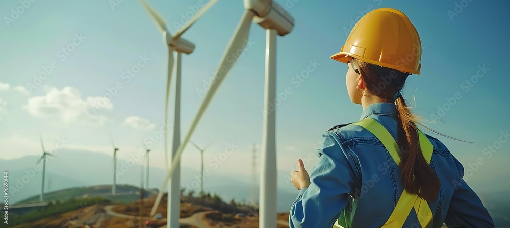 A Wind Turbine Farm with an Engineer - Green and Clean Energy A Wind Turbine Farm with an Engineer - Green and Clean Energy