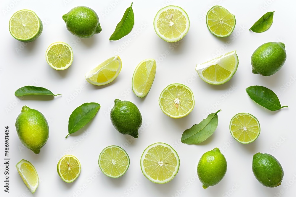 Composition of whole, halved, and sliced limes artistically arranged to show different textures and layers, on a pure white background Composition of whole, halved, and sliced limes artistically arranged to show different textures and layers, on a pure white background