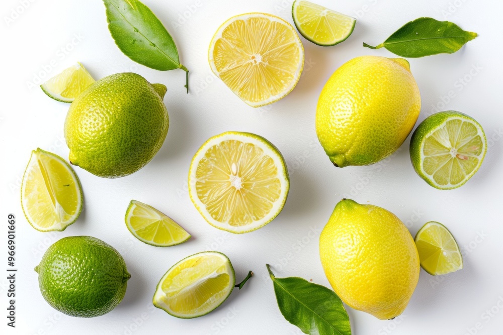 Composition of whole, halved, and sliced limes artistically arranged to show different textures and layers, on a pure white background Composition of whole, halved, and sliced limes artistically arranged to show different textures and layers, on a pure white background