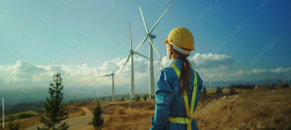 A Wind Turbine Farm with an Engineer - Green and Clean Energy A Wind Turbine Farm with an Engineer - Green and Clean Energy