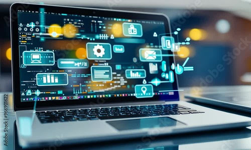 Wallpaper Mural Laptop with digital interface for software development and data analytics on screen Torontodigital.ca