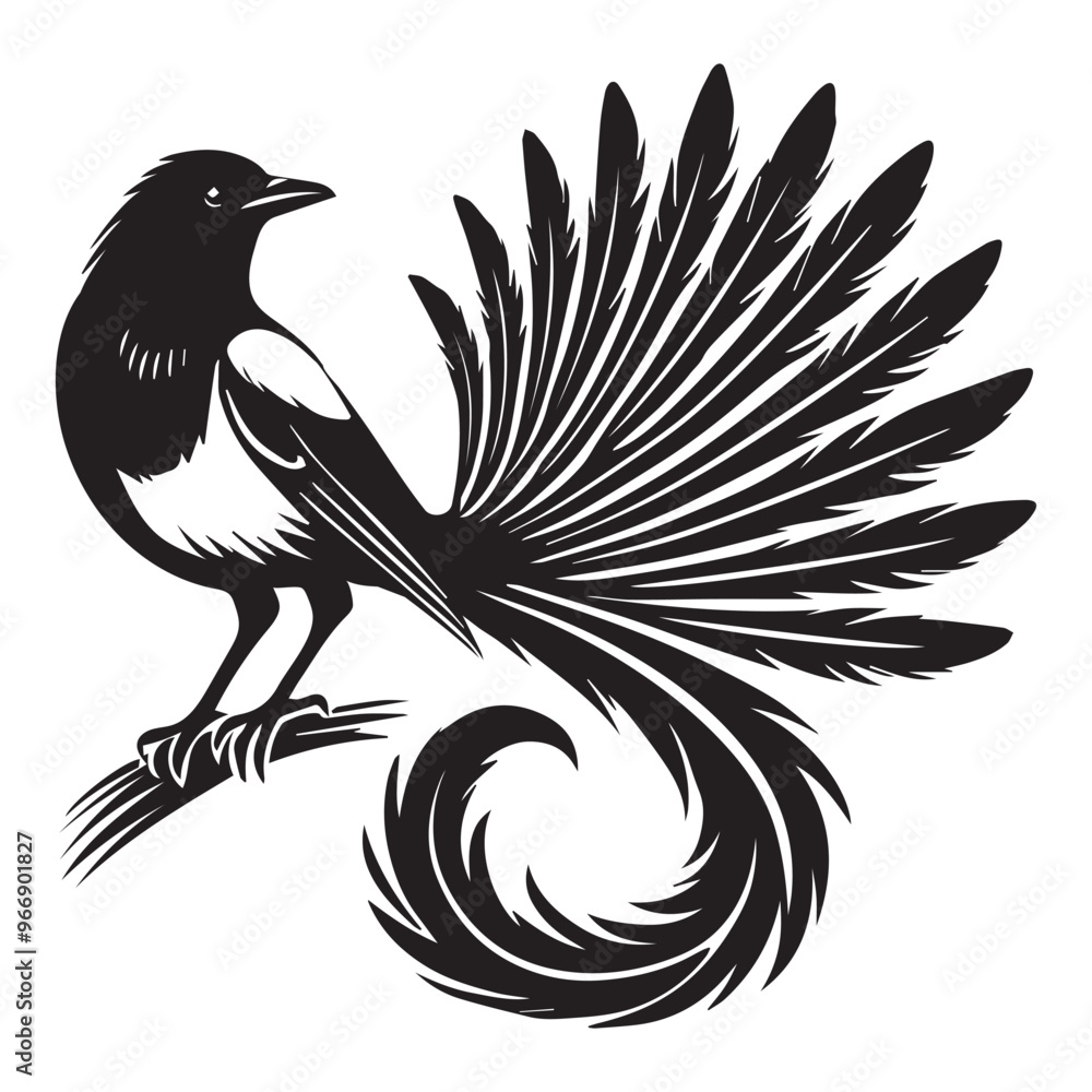 Naklejka premium American magpie Clipart - Black-billed Magpie Vector Illustration in black and white 