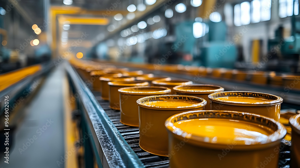 A factory production line with yellow paint cans on a conveyor belt. A factory production line with yellow paint cans on a conveyor belt.
