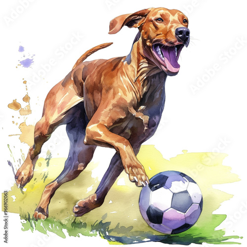Energetic Rhodesian Ridgeback Engages in Playful Soccer Ball Game