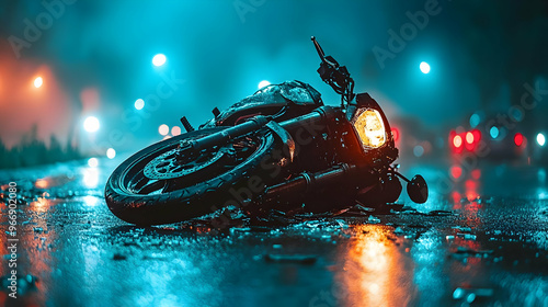 A fallen motorcycle on a we...