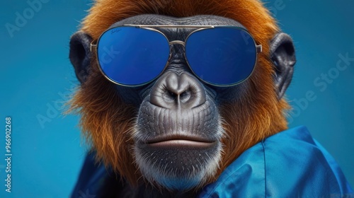 Fashionable Ape wearing sunglasses on a color background