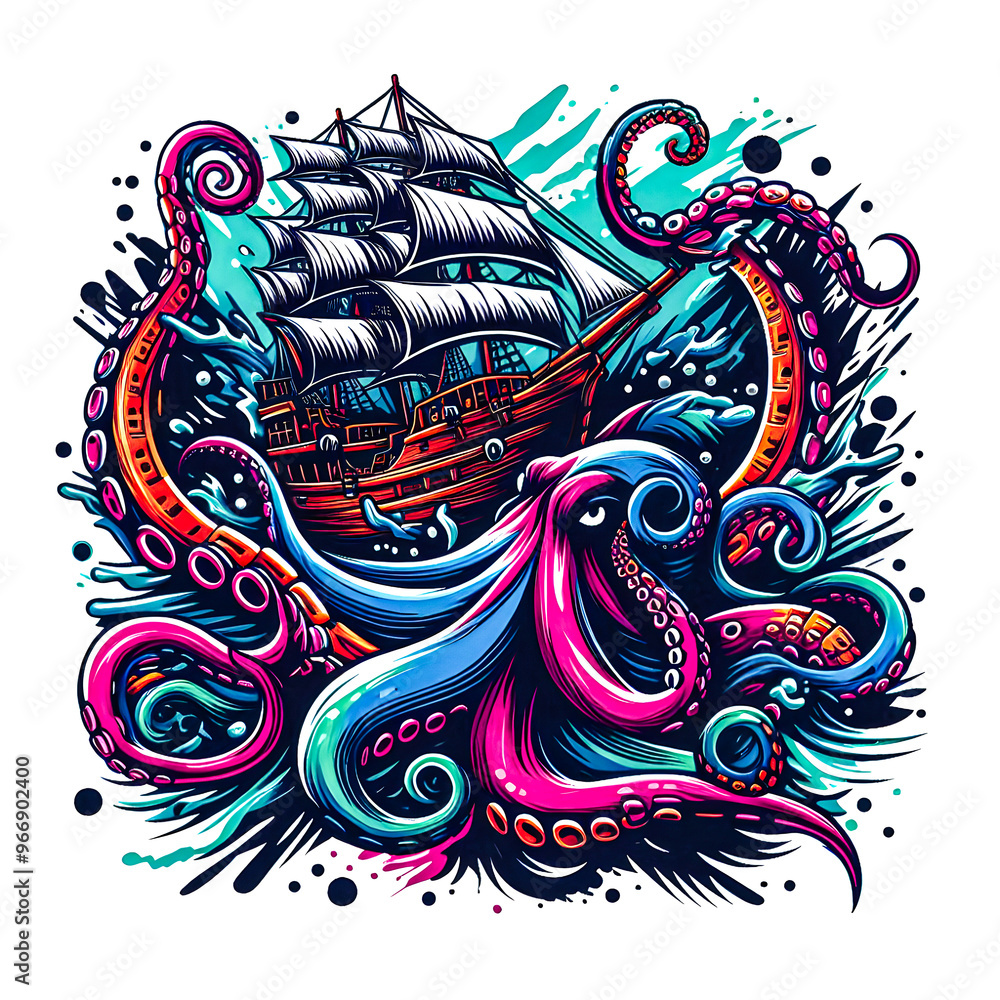 A striking design of a fierce, colorful octopus gripping a sunken pirate ship t-shirt design vector art illustration image.
A striking design of a fierce, colorful octopus gripping a sunken pirate ship t-shirt design vector art illustration image.