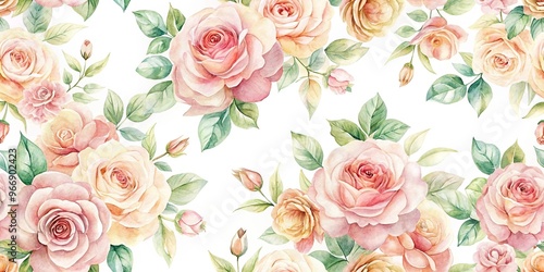 Soft color roses pattern on white background in watercolor style, asymmetrical