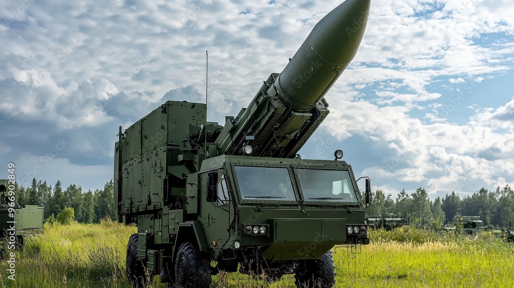 Military Missile Launcher Truck in Field Under Cloudy Sky Military Missile Launcher Truck in Field Under Cloudy Sky