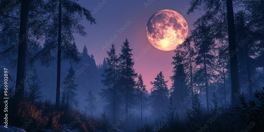 Naklejka premium A forest at night with a full moon in the sky