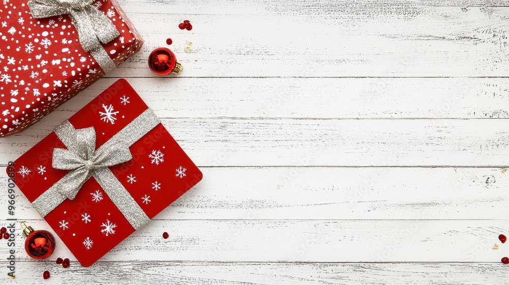 Red Christmas Presents and Ornaments on White Wood Background Red Christmas Presents and Ornaments on White Wood Background