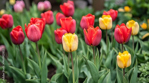 Red and yellow tulips blooming in a garden