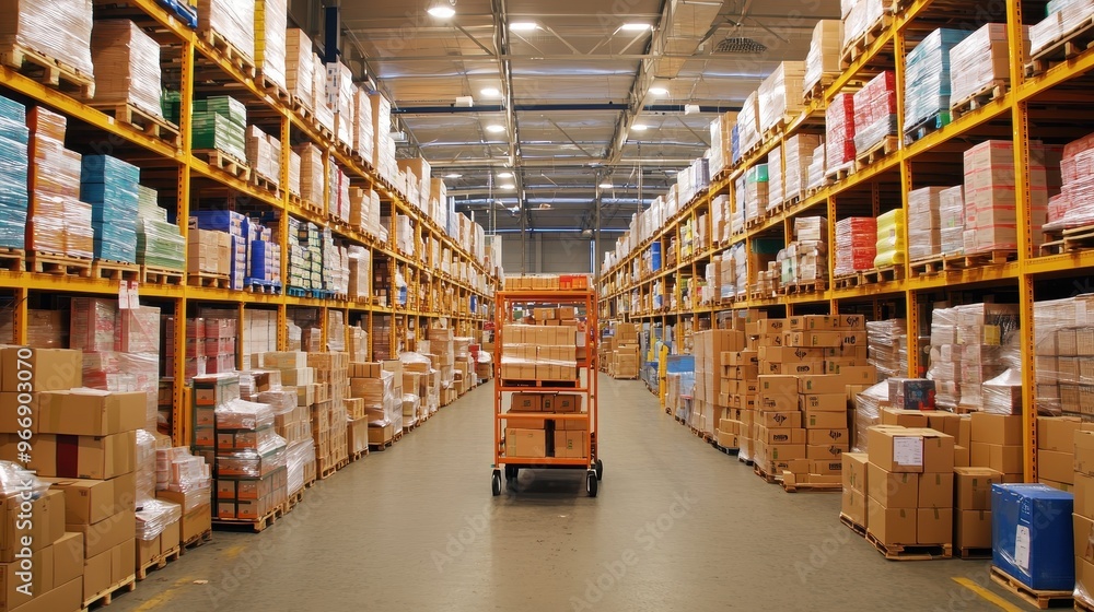 Cardboard Boxes Stacked on Yellow Shelving in a Warehouse Cardboard Boxes Stacked on Yellow Shelving in a Warehouse