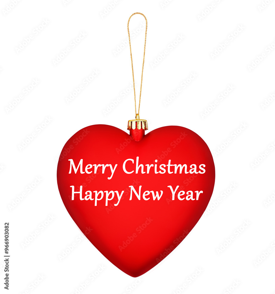 Fototapeta premium Christmas ball red heart, Merry Christmas, Happy New Year text, golden decoration, white background isolated, winter holidays banner, xmas celebration, greeting card, festive bauble, love symbol icon