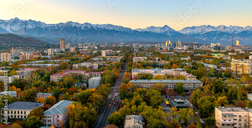 Aerial view of the Kazakh city of Almaty on an autumn morning