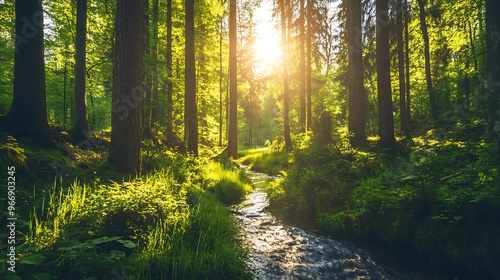 Sunlit Stream Winding Through a Lush Green Forest