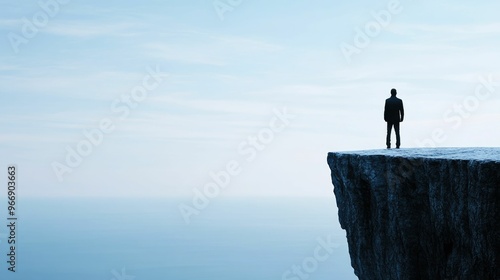 Lone figure standing on the precipice of a dramatic cliff gazing into the vast open abyss below evoking a sense of fear vertigo and existential contemplation