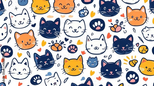 Cute Cartoon Cats Seamless Pattern   Pet Design  Animal Illustration  Colorful Background