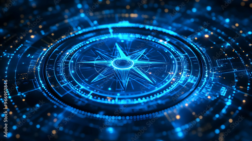 custom made wallpaper toronto digitalA futuristic blue digital compass design with glowing elements and intricate patterns.