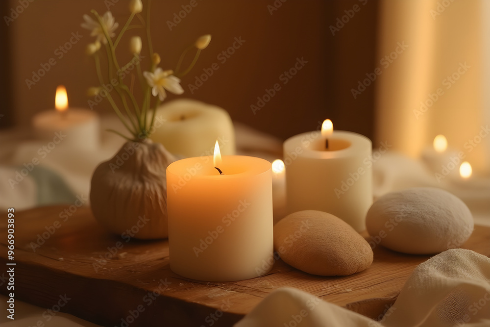 Candle, spa and relax with natural aromatherapy treatment in a room for luxury or wellness on wooden tray
Candle, spa and relax with natural aromatherapy treatment in a room for luxury or wellness on wooden tray