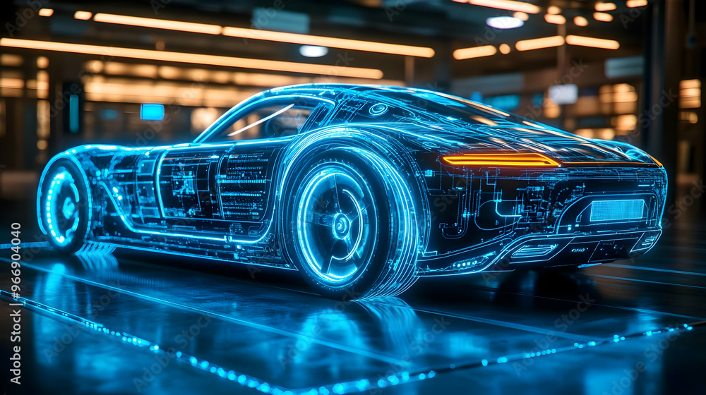 A futuristic car design illuminated with a blue holographic effect. A futuristic car design illuminated with a blue holographic effect.