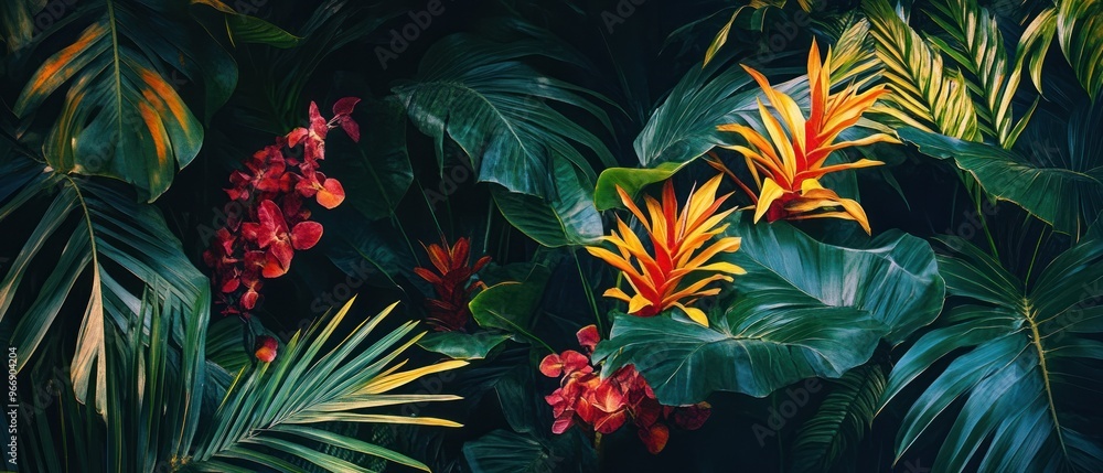 Obraz premium Vibrant Tropical Flowers and Lush Foliage in a Dark Forest Setting