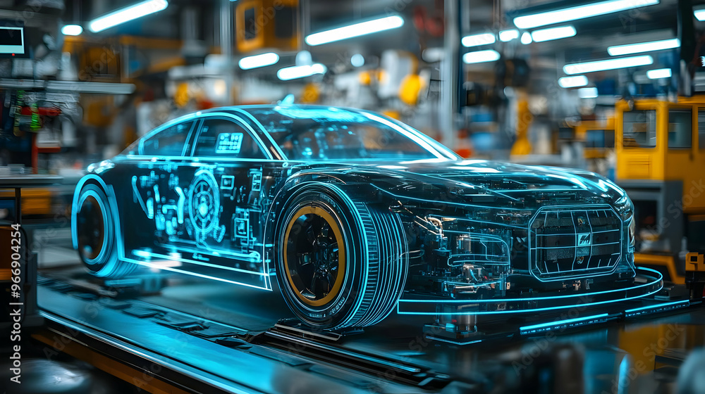 A futuristic car model displayed in a high-tech factory setting, showcasing advanced technology. A futuristic car model displayed in a high-tech factory setting, showcasing advanced technology.