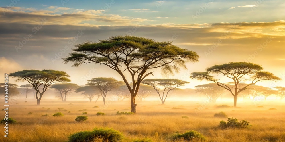 Fototapeta premium Soft morning light illuminating savannah acacia trees with mist rising