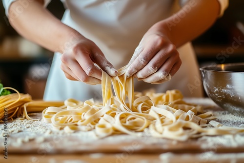 Chef preparing fresh handmade pasta on a floured surface