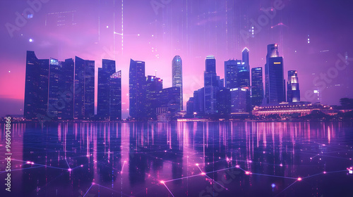 A futuristic city skyline with a digital overlay, reflecting innovation and technology.