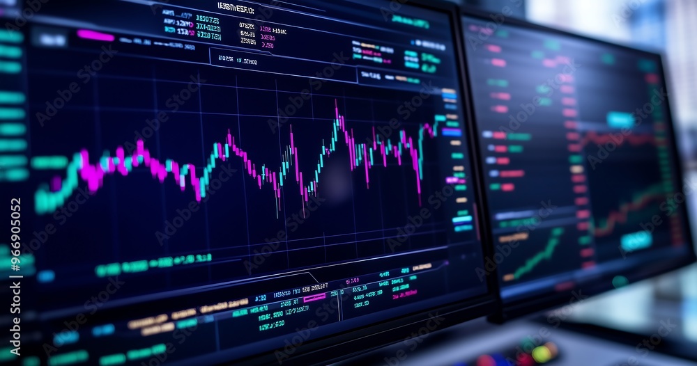 Financial trading charts on modern screen showing market analysis Financial trading charts on modern screen showing market analysis