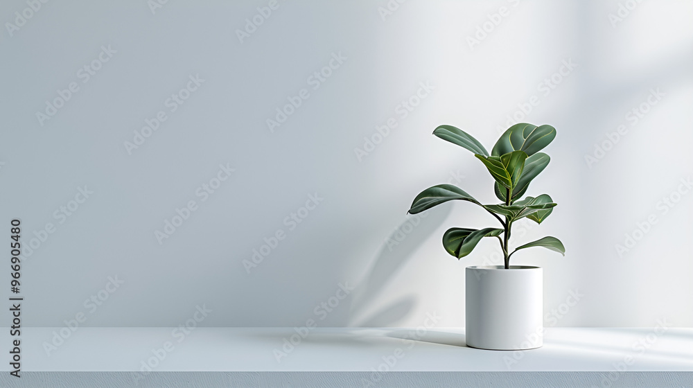 Serene Minimalism: A solitary fiddle leaf fig tree graces a minimalist white shelf, bathed in soft sunlight. Serene Minimalism: A solitary fiddle leaf fig tree graces a minimalist white shelf, bathed in soft sunlight.