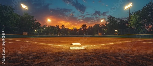 Baseball Field at Dusk with Home Plate and a Dramatic Sky