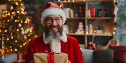 man in santa claus outfit holding gift box, in living room with christmas tree background, for christmas promotion purpose photo