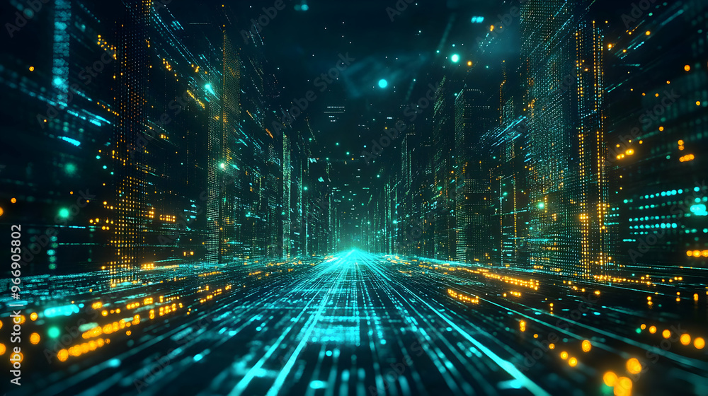A futuristic digital cityscape with glowing lines and data streams. A futuristic digital cityscape with glowing lines and data streams.