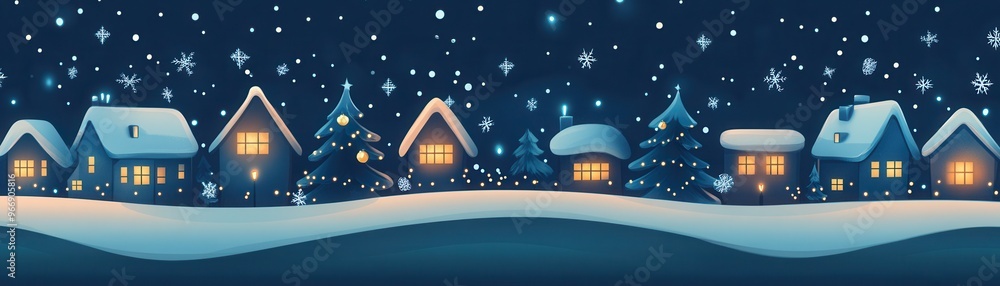 Fototapeta premium Winter wonderland scene with snow-covered houses and trees, sparkling under a starry night sky. Perfect for holiday-themed uses.