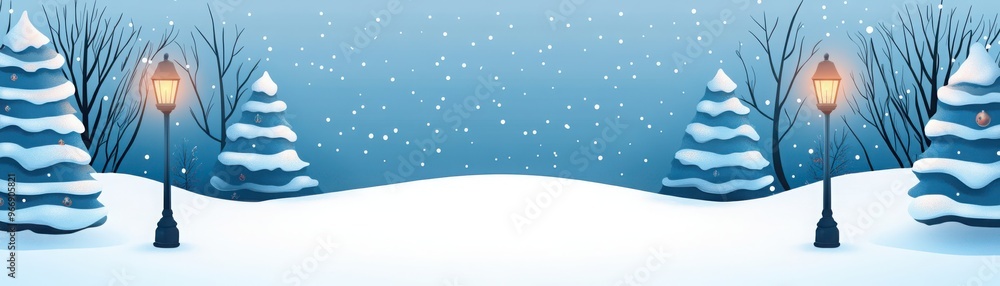 Winter scene with snow-covered trees and street lamps. A peaceful, snowy night captured in a serene landscape setting for holiday themes. Winter scene with snow-covered trees and street lamps. A peaceful, snowy night captured in a serene landscape setting for holiday themes.