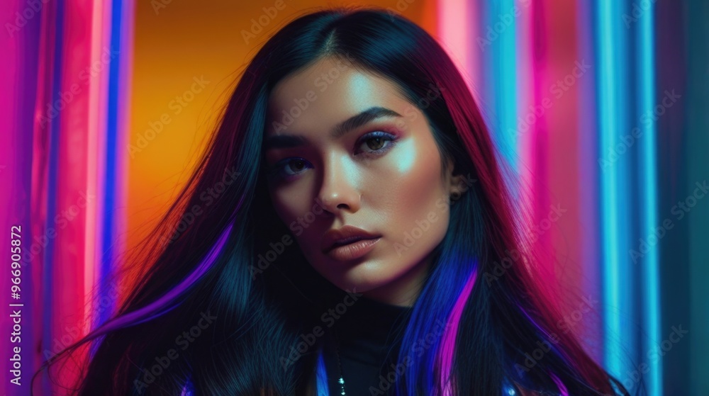 Fashionable woman with long black hair in neon light Fashionable woman with long black hair in neon light