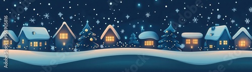 Winter wonderland scene with snow-covered houses and trees, sparkling under a starry night sky. Perfect for holiday-themed uses.