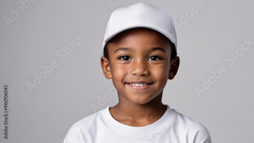 Little black boy wearing white t-shirt and white baseball cap isolated on grey background