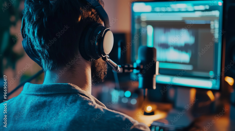 A man wearing headphones is sitting in front of a computer monitor A man wearing headphones is sitting in front of a computer monitor