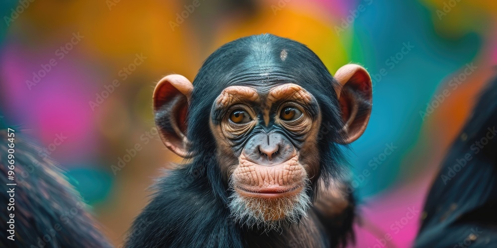 Entertaining image of a young chimpanzee curiously observing the back of another. Entertaining image of a young chimpanzee curiously observing the back of another.